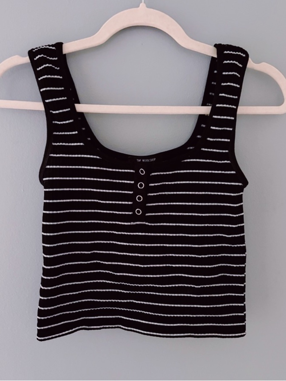 Black and white Striped Ribbed Tank Top with Button Placket